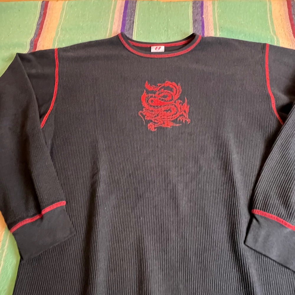 Y2K Dragon Black red waffle knit Anchor Blue Thermal Shirt Mens XL Streetwear